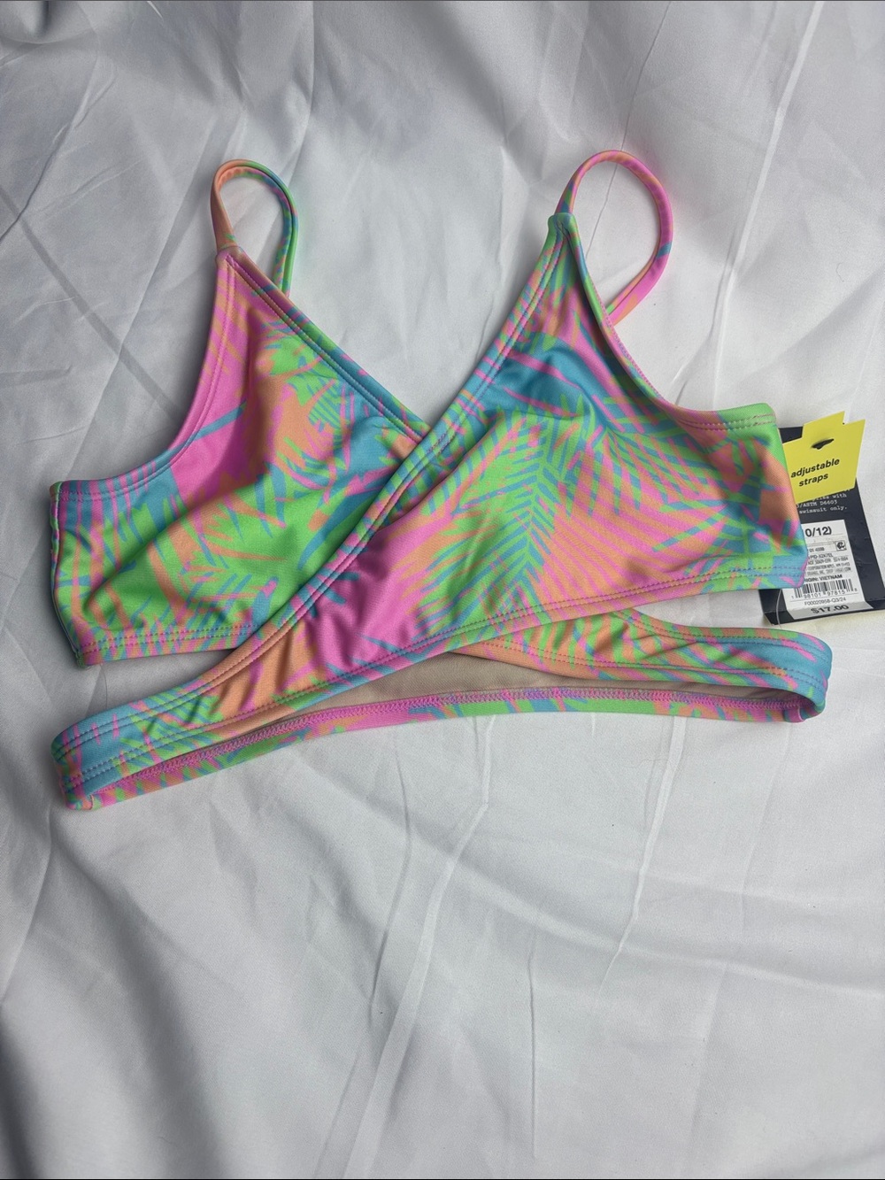 NWT art class Neon Palm Print Bikini Top - Pink, Green, Blue. Sz L (10-12)